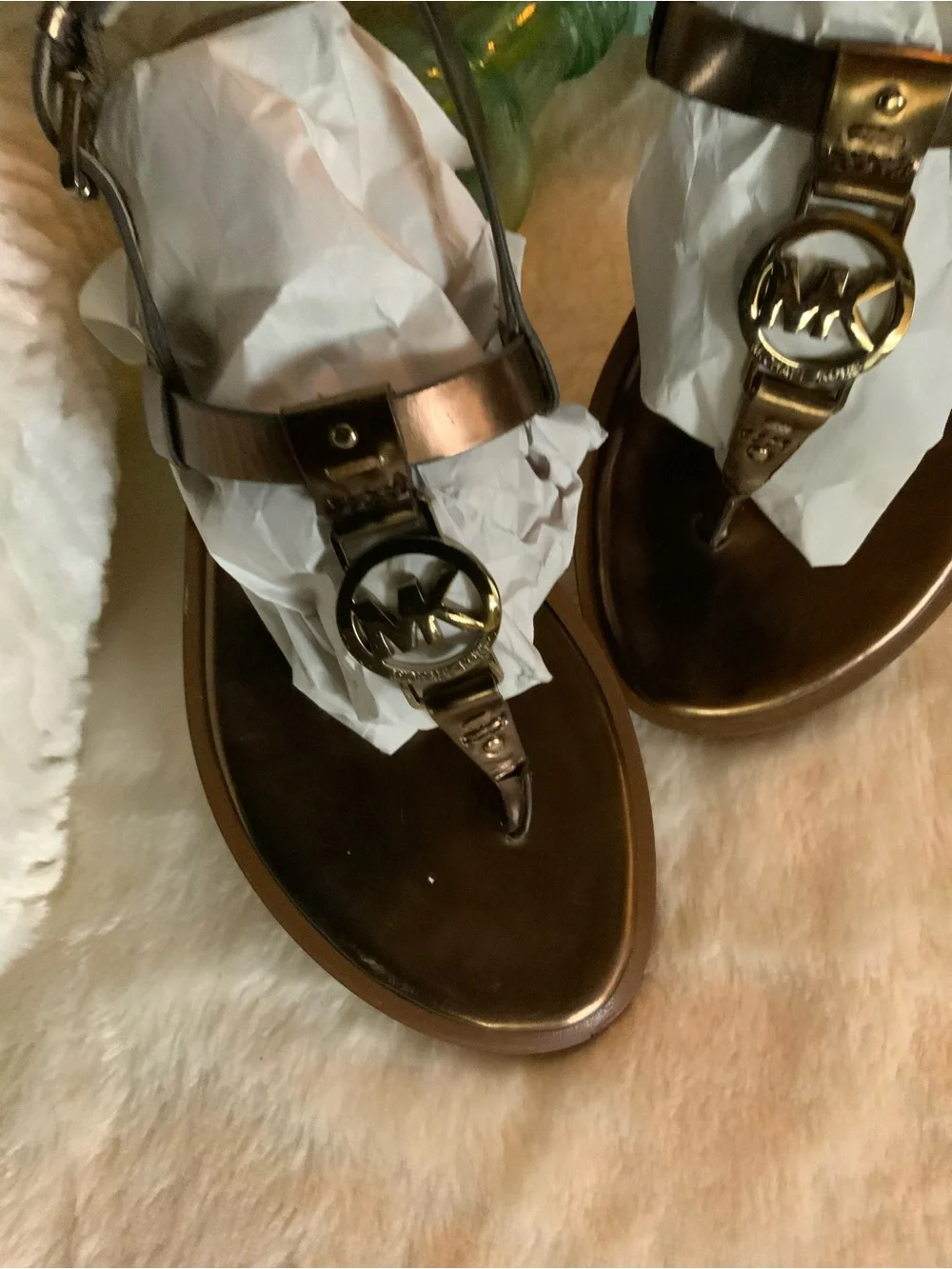 Michael Kors Metallic Brown Logo T-Strap Sandals